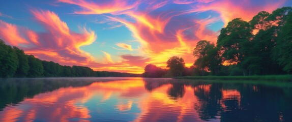 Obraz premium Vibrant Summer Sunset Reflecting on Serene Lake Surrounded by Lush Greenery and Colorful Sky