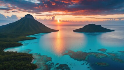 Turquoise Lagoon and Volcanic Islands at Sunset with Colorful Sky in Remote Tropical Paradise Aerial Landscape View for Travel Inspiration