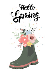 Springtime greeting featuring a decorated rubber boot with flowers and cheerful text Hello spring in a vibrant design