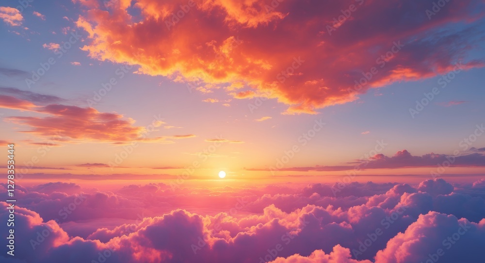Poster vibrant sunset over soft clouds with open space for text and relaxing summer vibes