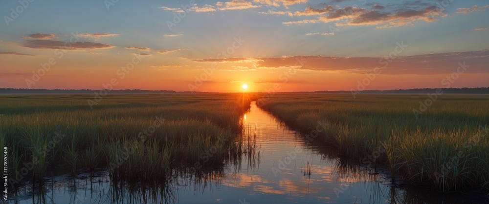 Poster serene marsh sunset with reflection and empty space for text in tranquil landscape setting