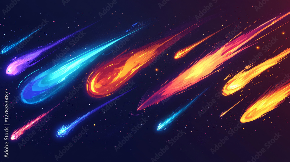 Poster falling or flying comet or meteor with colorful dust and smoke trail with light glowing effect. real
