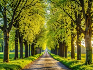 Fototapeta premium Springtime Linden Alley: Trimmed Trees & Sunlight Dappled Path
