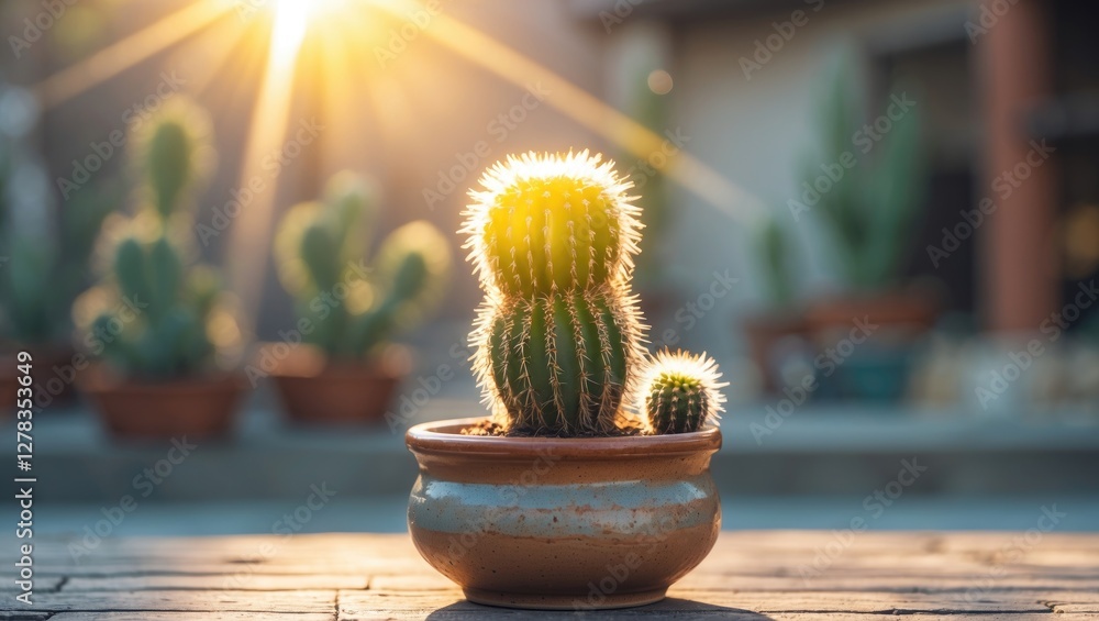 Poster cactus in a ceramic pot illuminated by sunlight with a blurred background creating space for text or