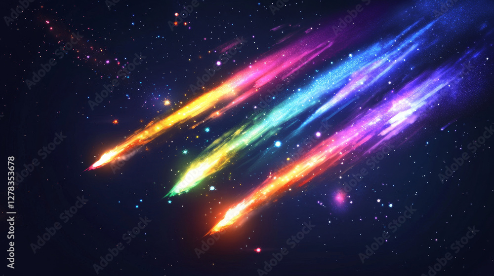 Poster falling or flying comet or meteor with colorful dust and smoke trail with light glowing effect. real