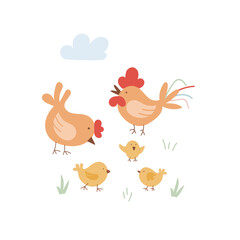Family of cartoon chickens enjoying a sunny day in a grassy field with fluffy clouds.