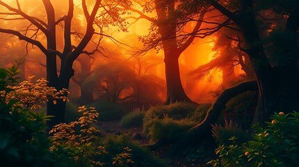 Mystical Lush Woodland with a Glowing, Ethereal Backdrop of Enchantment