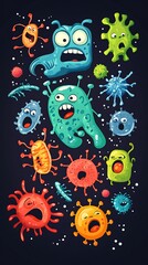 Cartoon germs, dark background, kids, education