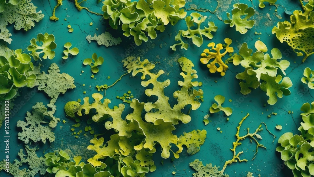 Poster vibrant green lichen and algae textures on a cyan background for nature and design concepts