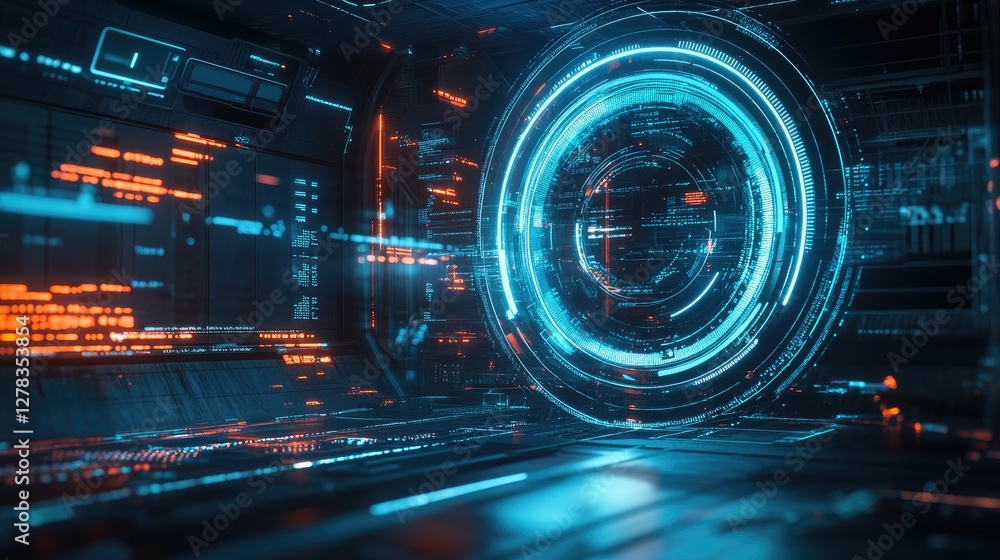 Poster cyber defense concept with a futuristic blue digital shield protecting a computer from attacks.