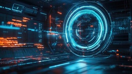 Obraz premium Cyber defense concept with a futuristic blue digital shield protecting a computer from attacks.