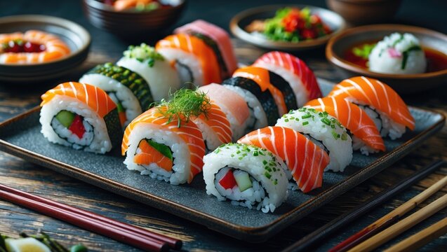 Savor the Delightful Array of Sushi Rolls Perfect for Menu Display with Copy Space for Text and High-Quality Visual Appeal