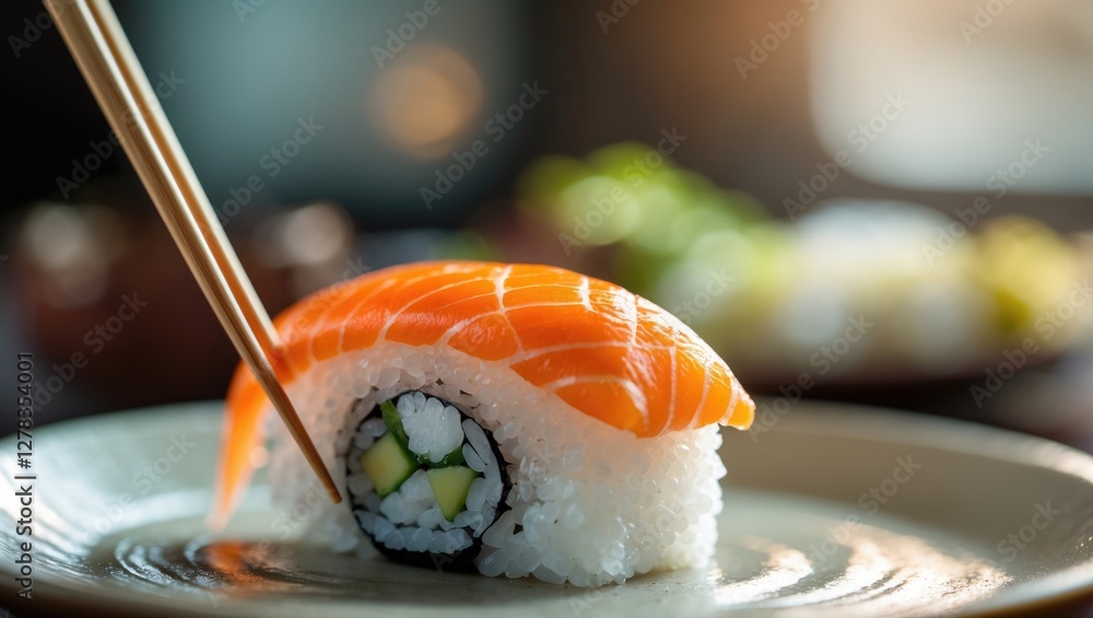 Poster sushi roll with salmon on plate and chopsticks in focus with a softly blurred background