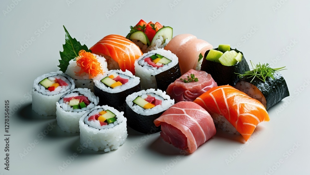 Aufkleber assorted sushi platter featuring vibrant vegetables and premium seafood with ample empty space for t