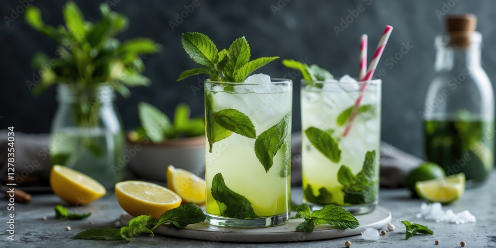 Poster refreshing mojito cocktail with mint and lime slices on dark background with space for text or brand