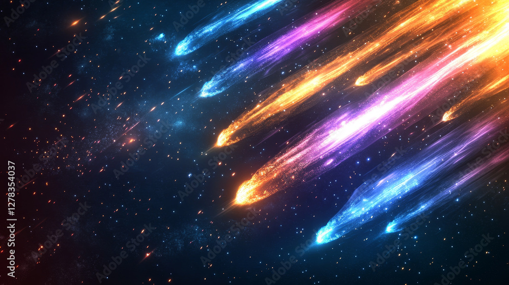 Poster falling or flying comet or meteor with colorful dust and smoke trail with light glowing effect. real