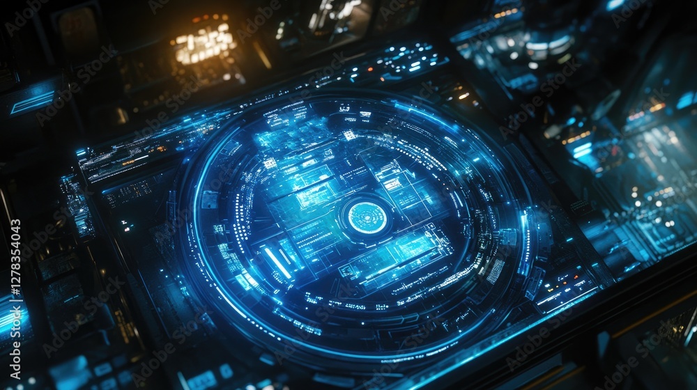 Poster cyber defense concept with a futuristic blue digital shield protecting a computer from attacks.