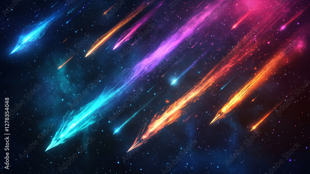 Poster falling or flying comet or meteor with colorful dust and smoke trail with light glowing effect. real
