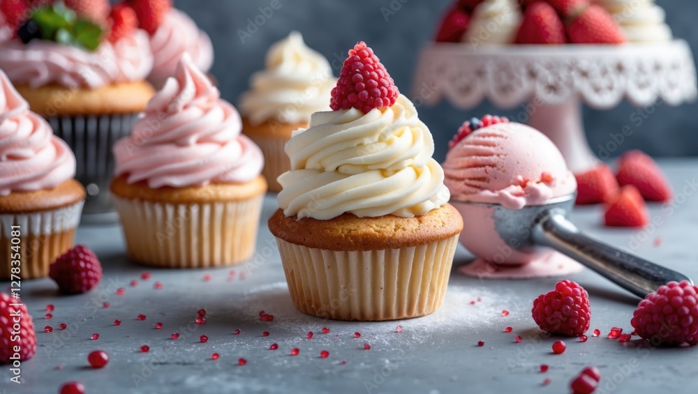 Aufkleber colorful cupcakes with cream frosting and ice cream scoop surrounded by fresh raspberries on a rusti
