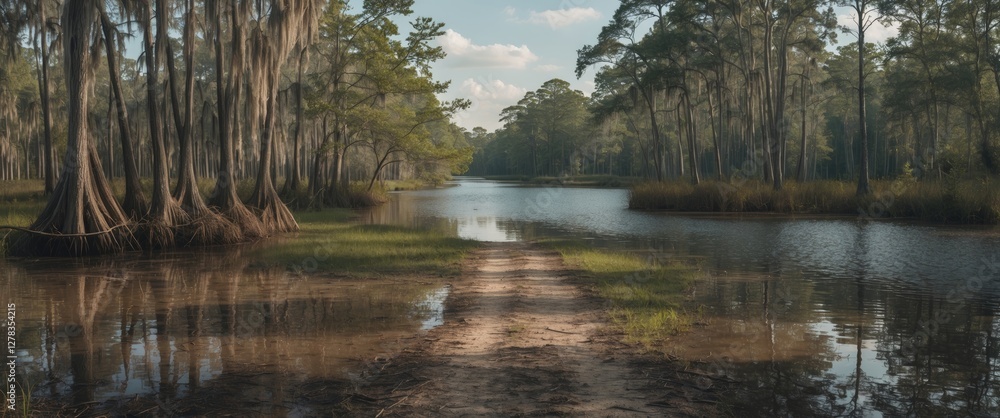 Poster serene landscape of a swamp and lake divided by a tree-lined path with tranquil waters and clear sky