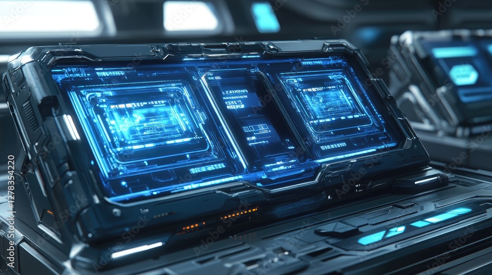 Poster cyber defense concept with a futuristic blue digital shield protecting a computer from attacks.