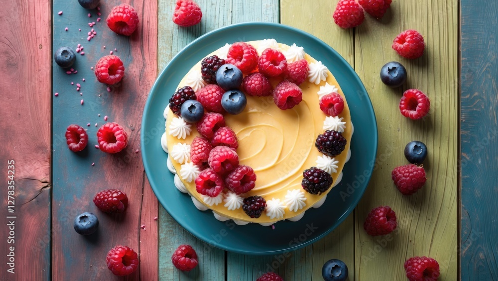 Aufkleber delightful cake topped with raspberries and blueberries on colorful wooden surface with space for cu