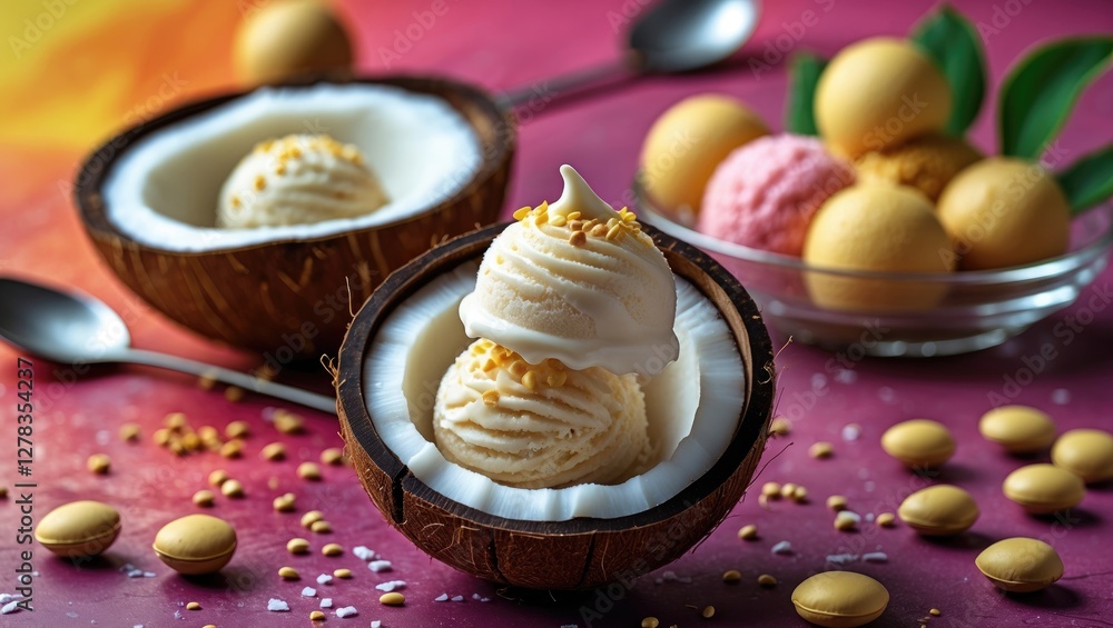 Poster coconut ice cream served in coconut shells with colorful scoops and toppings on a vibrant background