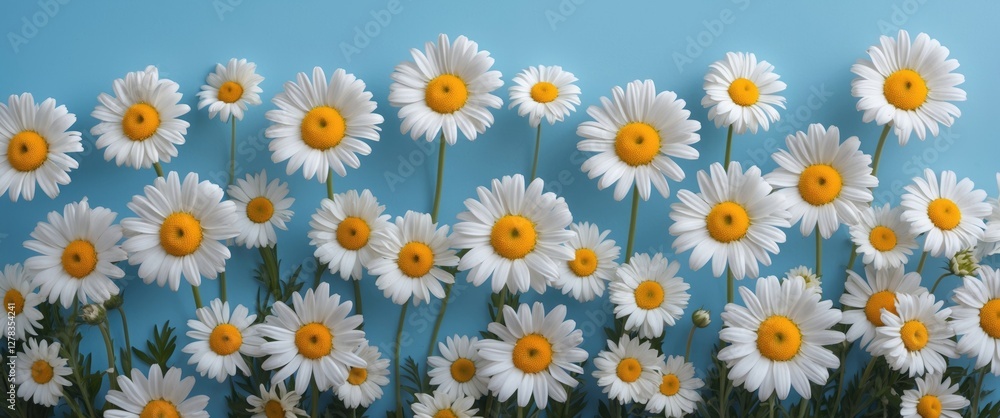 Poster fresh daisies in bloom against soft blue background with copy space for custom text or graphics