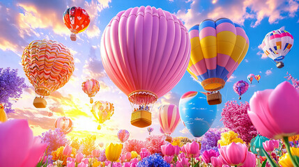 Obraz premium vibrant scene of colorful hot air balloons floating over field of blooming tulips at sunset, creating magical atmosphere filled with joy and wonder