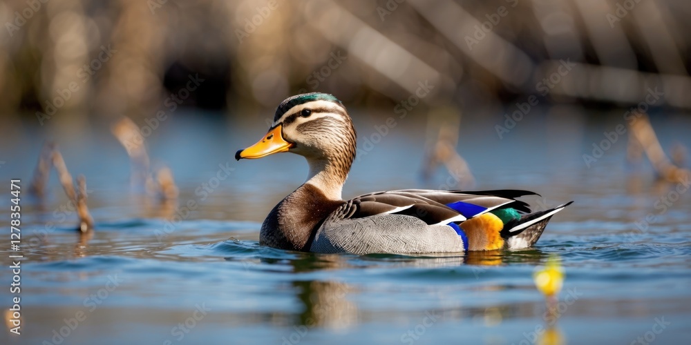 Poster vibrant male duck swimming in calm waters with blurred habitat background and space for adding text 