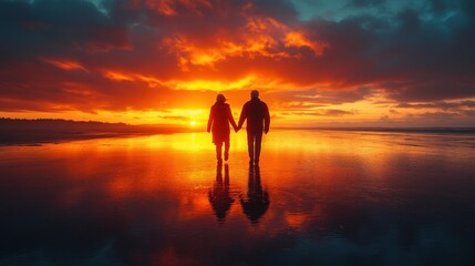 Fototapeta premium A couple walks hand in hand along a reflective beach at sunset, with vibrant skies and waves