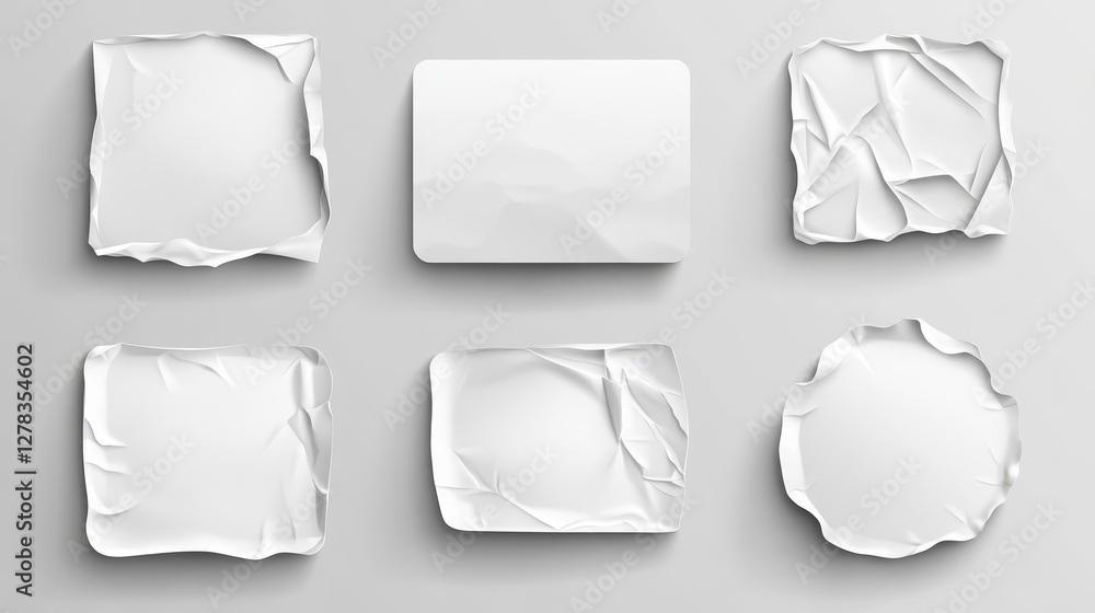 Poster white glued stickers, crumpled paper patches mockup. blank shrunken labels of square shapes with rou