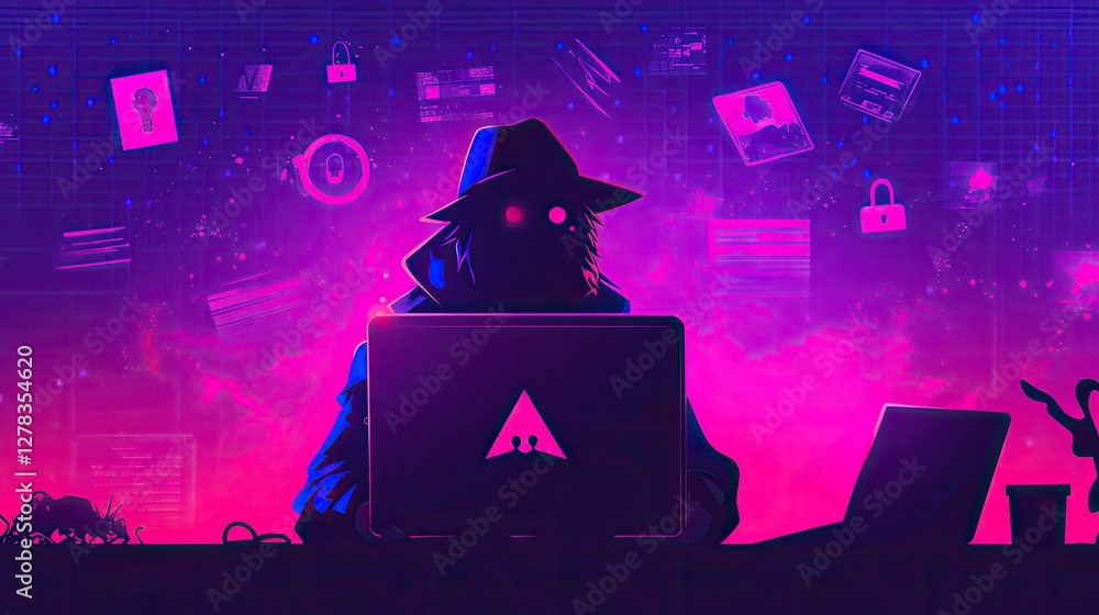 Poster cybersecurity alert concept with a hacker silhouette on a laptop screen and warning symbols.