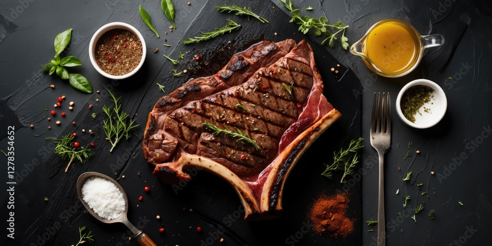 Aufkleber grilled t-bone steak surrounded by herbs spices and seasonings on dark background with empty space f