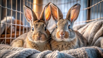 Fototapeta premium Two Adorable Gray and Brown Rabbits Huddled Together in a Cozy Cage