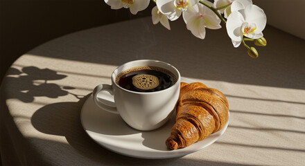 Cup of espresso with croissants and white orchids on a wooden table, elegant breakfast scene