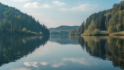 Calm Lake Reflection Surrounded By Lush Forests And Islands Ideal For Nature Themes And Text Overlay