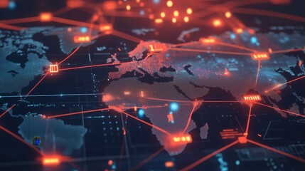 Obraz premium A digital representation of global trade routes with warning signs and economic decline indicators