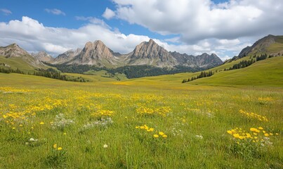 Sunny Day in Mountain Meadow with Wildflowers