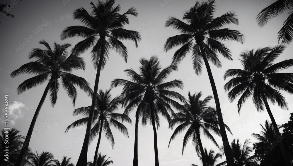 Poster silhouetted palm trees against summer sky in monochrome with blank space for text or graphics