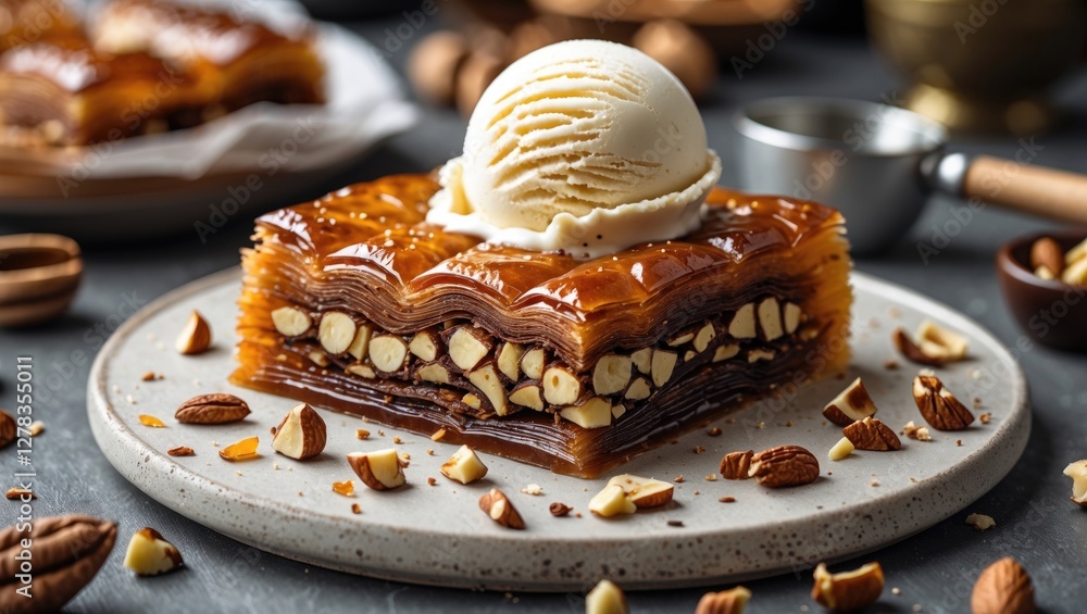 Poster delicious baklava served with ice cream and nuts on a rustic table with space for text or branding
