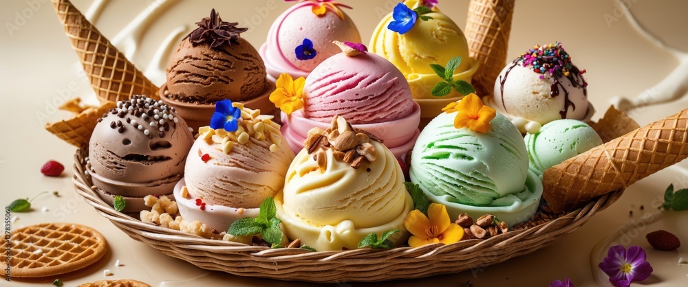 Poster vibrant ice cream sundae display with assorted flavors and delicious toppings in a rustic basket on 