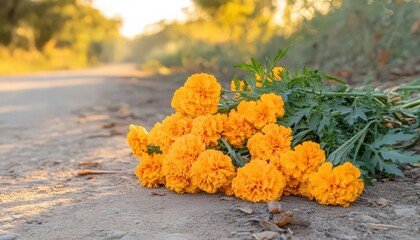 Vibrant Orange Marigolds on Dusty Road at Sunset