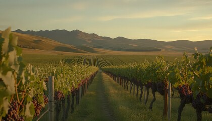 Vineyard Rows at Sunset Lush Green Vines and Ripe Purple Grapes, Rolling Hills Background