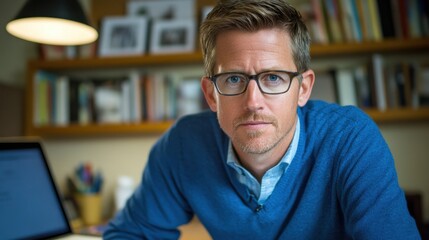 Obraz premium Thoughtful man in blue sweater gazing directly at camera indoors