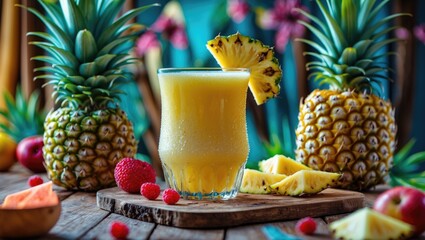 Refreshing Pineapple Cocktail on Wooden Table Surrounded by Fresh Fruit with Empty Space for Text
