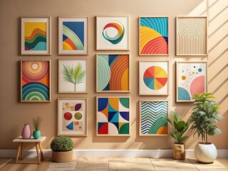 Vibrant Geometric Abstract Art Prints on Light Wall - Modern Home Decor