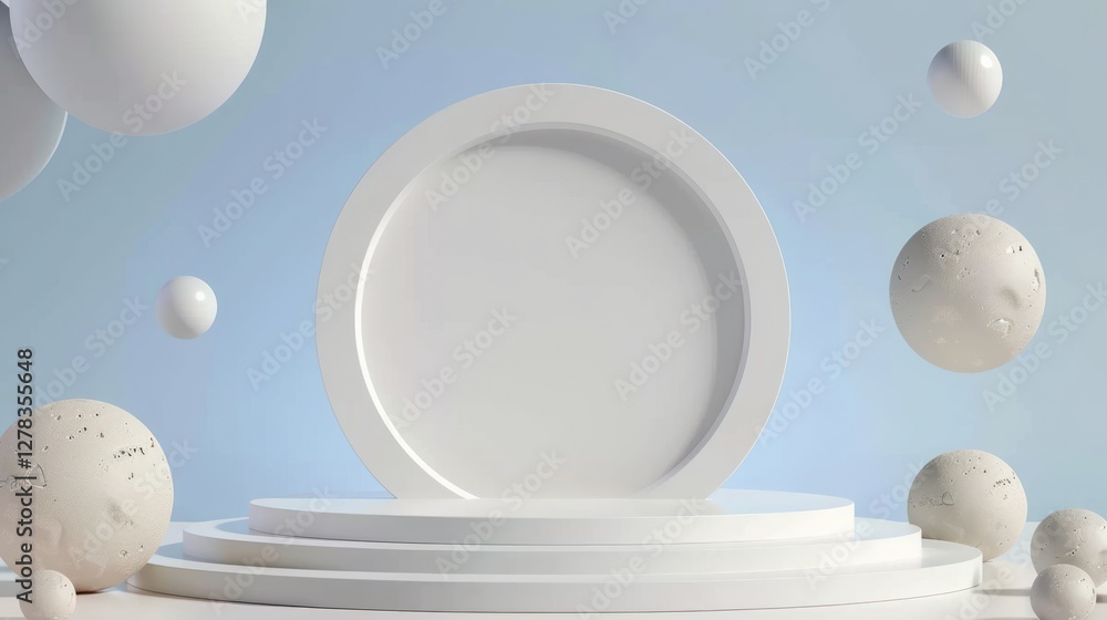 Poster white plate display with floating spheres and stairs in soft blue background for elegant presentatio