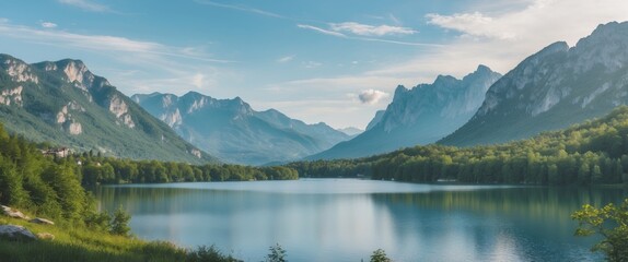 Tranquil Tatra Mountain Landscape with Serene Lake and Open Space for Text or Graphics in a Natural Outdoor Setting