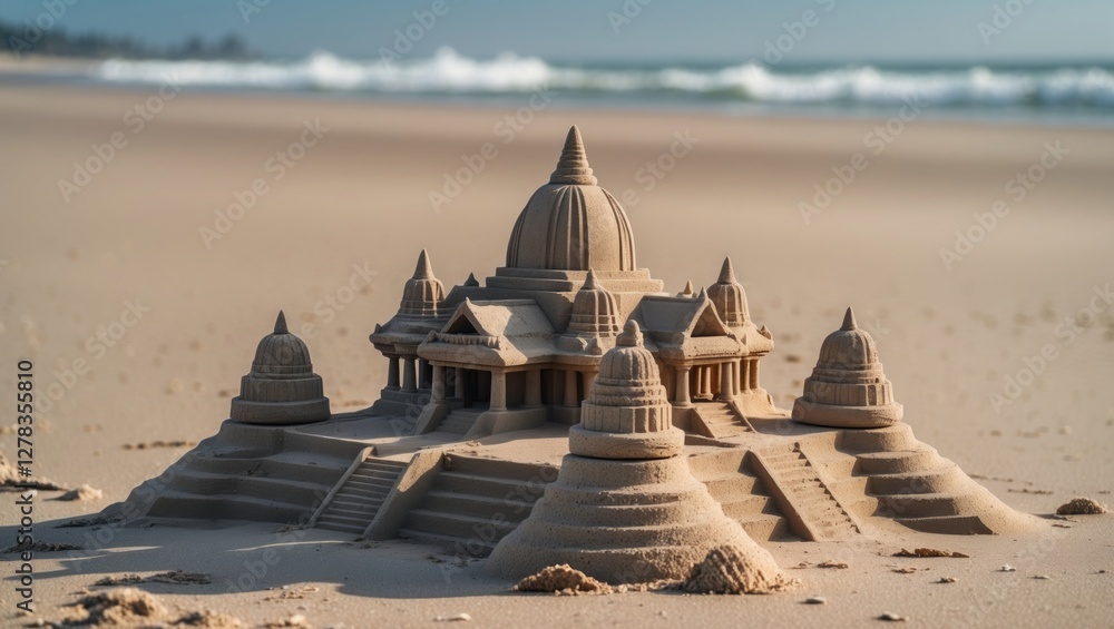 Poster intricately designed sand temple on beach with waves in background and space for text addition